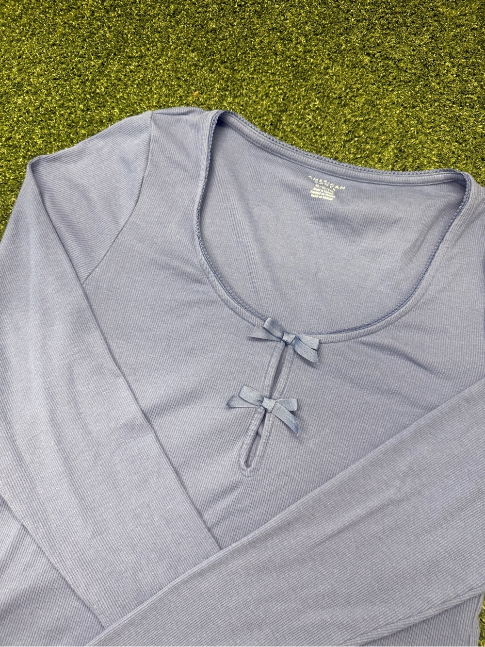 American Eagle Dusty Blue Ribbed Scoop Neck Stretch Long Sleeve Bows Babydoll XL